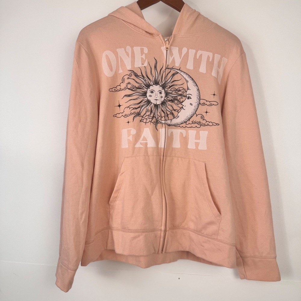 Weekend Soul Zip Up Hoodie Women L Peach Long Sleeve Sun Moon Graphic Boho